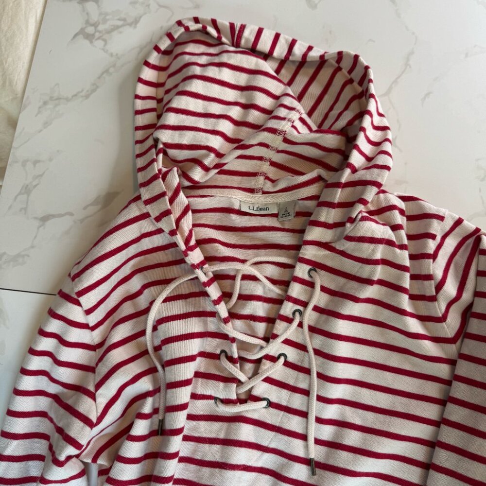Red and Cream Striped Cotton Pullover Hoodie with Lacing - L